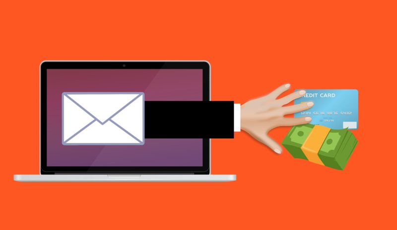 Grafische Darstellung eines Laptops mit Symbolen für betrügerische E-Mails