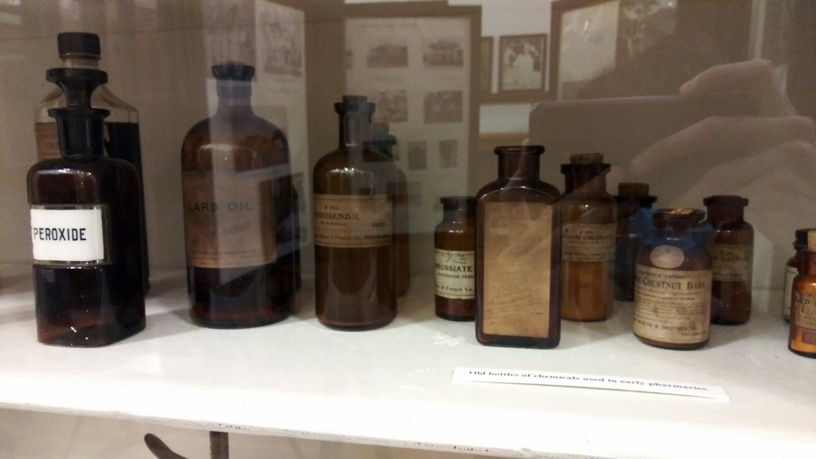 Historische Medizinflaschen in einer Museumsvitrine